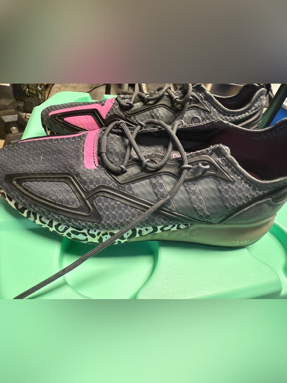 Adidas Women's Black Sneakers with purple and cheetah accent